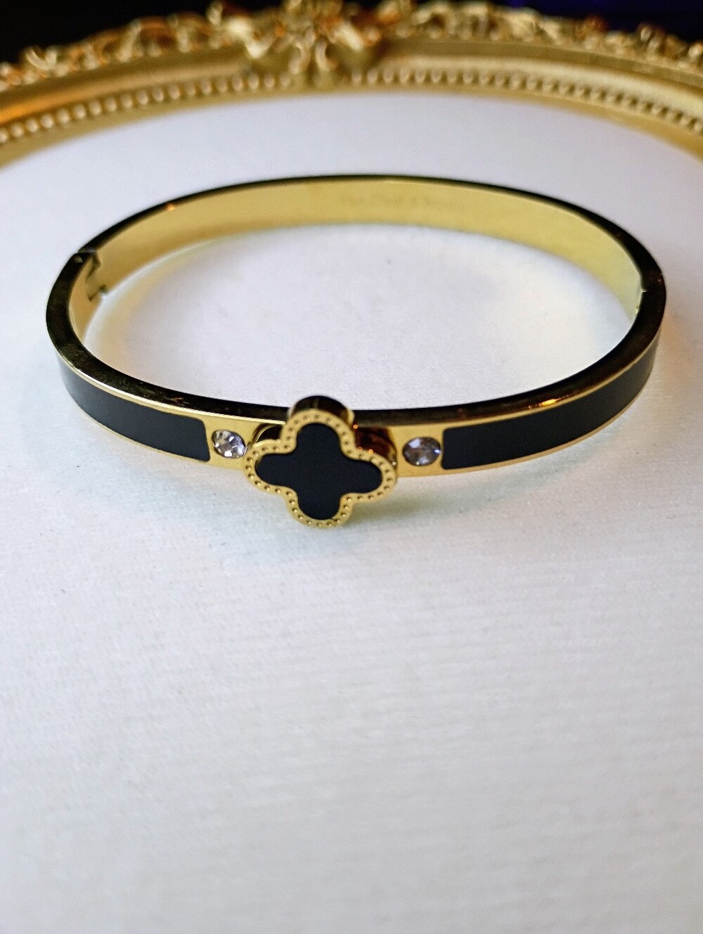 New Gold-Tone Black Clover Bangle Bracelet with Crystal Accents